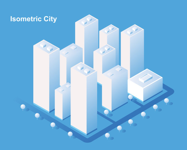 等距城市向量。智慧小镇拥有道路、树木、智慧城市和公园，建筑3d、资本、矢量办公室和大都市概念。图片下载