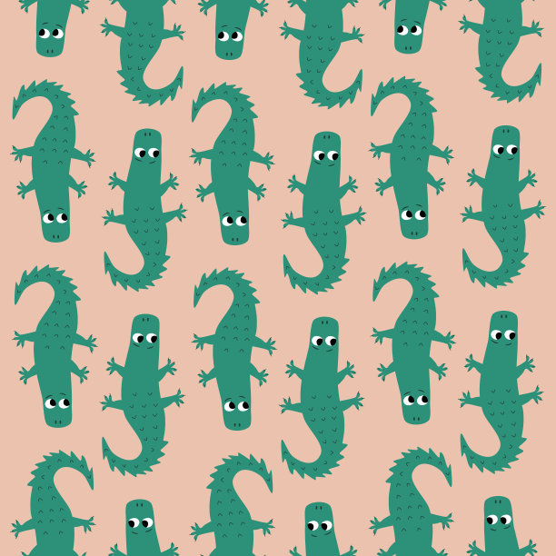 可爱的绿色短吻鳄和有趣的眼睛。粉色背景上的非洲动物。有趣的鳄鱼手绘矢量插图。婴儿无缝模式。图片下载