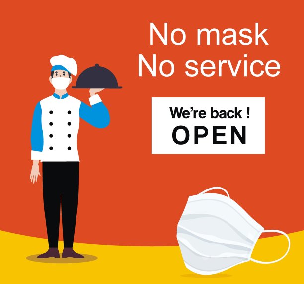 没有掩码就没有服务。一个戴着口罩的男服务员手里拿着托盘。2019冠状病毒病大流行的威胁图片下载