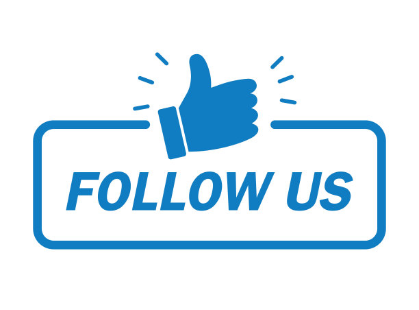 跟我们旗帜的。现代标签与大拇指图标。矢量插图，平面设计。图片下载