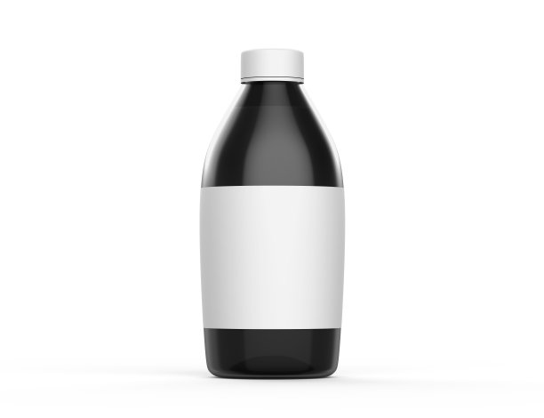 黑色塑料瓶与液体隔离在白色背景。现实的3d渲染与光和阴影。透明玻璃容器模型。空白的白色标签项目包装广告。图片下载