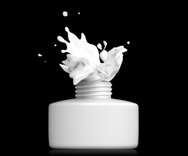 瓶盖打开，溅起白色油漆或液体。现实的3 d演示。Flacon与牛奶混合。美食产品对象与光和阴影孤立在黑色背景。图片下载