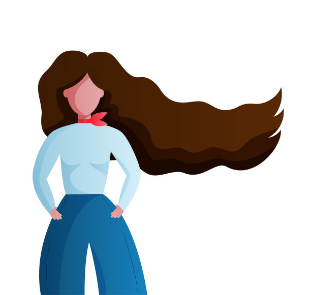 黑发女孩与长流动的头发illus图片下载