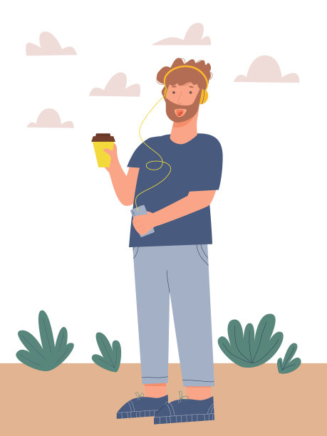 有胡子的年轻人听着音乐和杯子图片下载