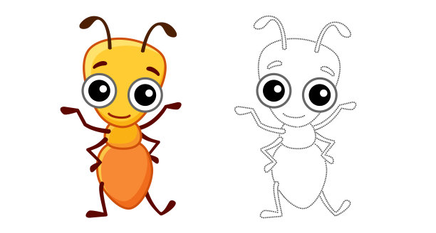 涂色昆虫儿童涂色书。卡通风格的搞笑蚂蚁。描出这些点并给图片上色图片下载