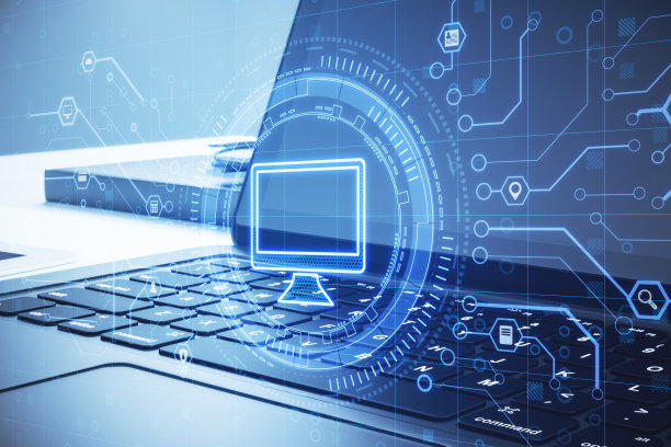 在模糊的背景上用创意电脑全息图的笔记本电脑的特写。数字转型与技术理念。双重曝光。图片下载