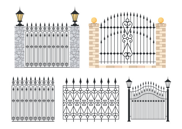 设置图标金属大门和栅栏，铁栏杆部分与石柱和街道灯笼。格栅和山峰图片下载