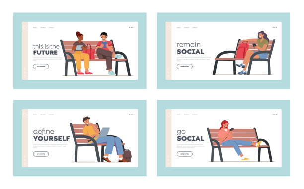 使用小工具登陆页面模板设置的角色坐在长凳上。青年男女在线交流图片下载