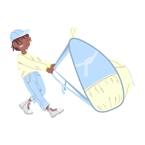 一个戴着帽子的非洲裔美国男孩拖着一个大背包。概念回到学校。卡通插图平面设计，孤立在白色背景上。学龄前儿童背包。图片下载