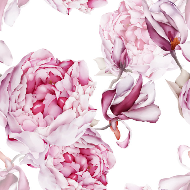 无缝的图案与木兰和牡丹。水彩画风格的花。图片下载