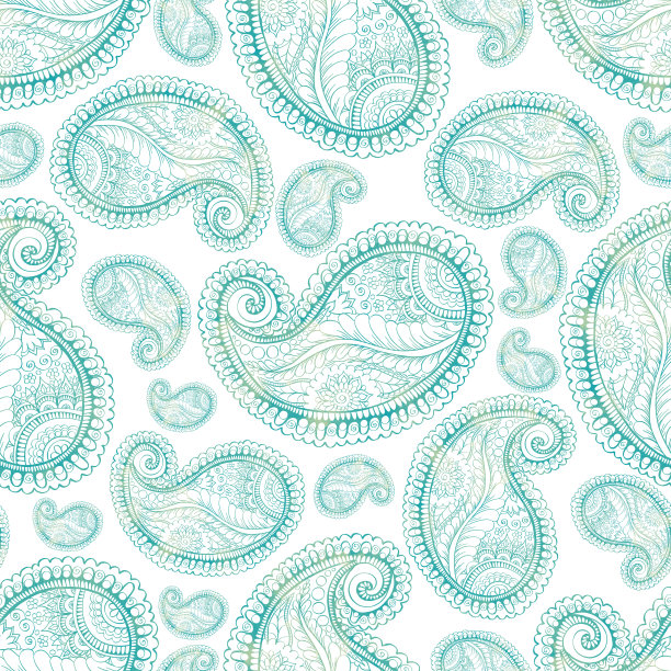 简单的佩斯利无缝模式蓝色轮廓在白色背景图片下载