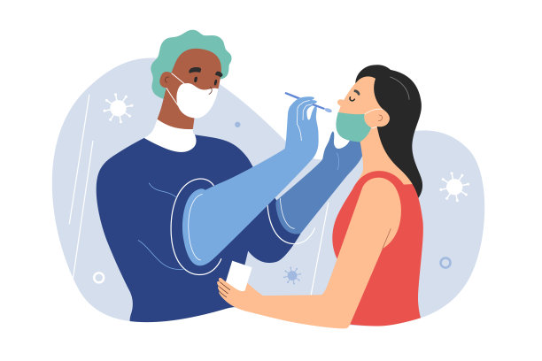 在韩国的检测亭设施进行covid - 19步行pcr检测，医务人员通过筛检采集鼻拭子样本，矢量卡通插图图片下载