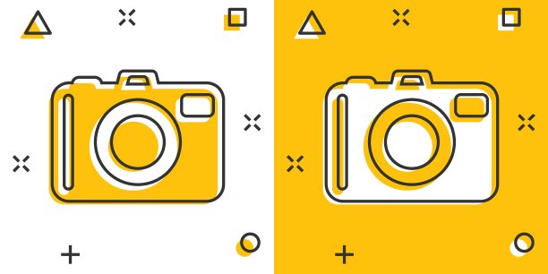 矢量卡通照片相机图标在漫画风格。摄影师摄像机标志插图象形图。相机业务的飞溅效果概念。图片下载