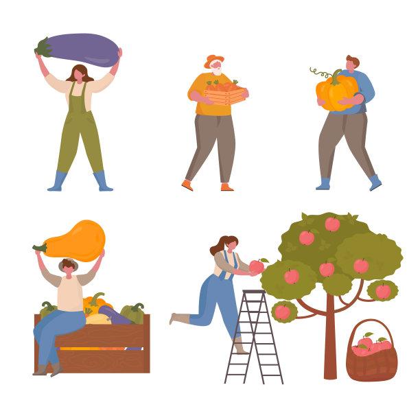 小人们在农场和花园里收割蔬菜和水果。图片下载