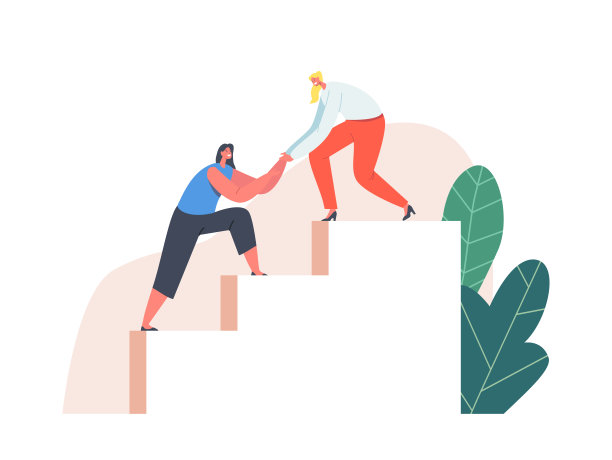 女人给予女友支持，把她拉到梯子的顶端。协助，同事帮助女性性格，团队合作图片下载
