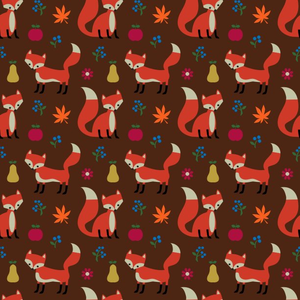 无缝林地狐狸图案与苹果花和叶子图片下载