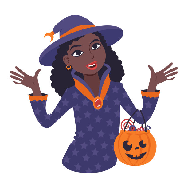阿凡达的非洲妇女与万圣节南瓜打扮成巫婆。平面风格插画图片下载