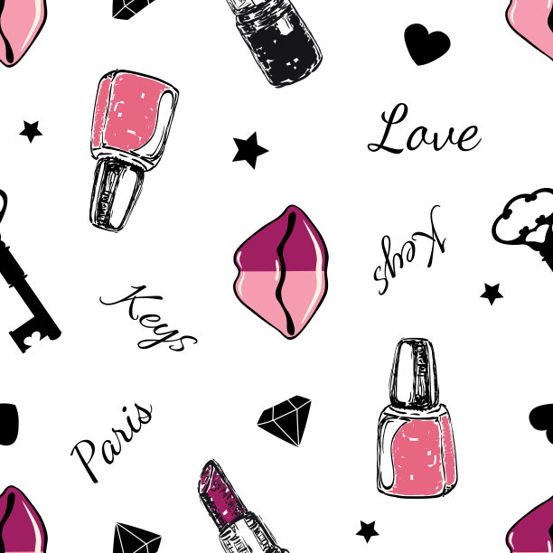 矢量图形无缝模式与红色嘴唇和钥匙-03图片下载