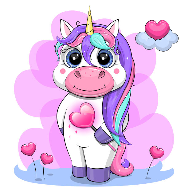 可爱的卡通独角兽与心。图片下载