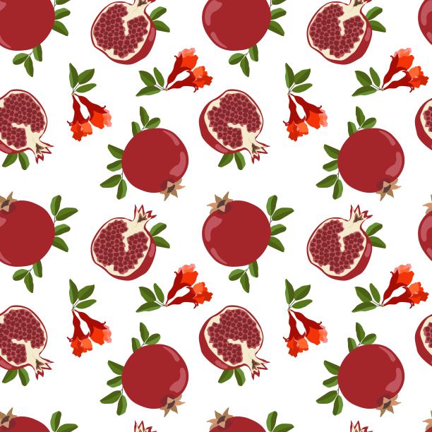 石榴和果肉与叶子，花卉图案，矢量无缝的水果背景，热带浆果，叶子，树枝的纹理。图片下载