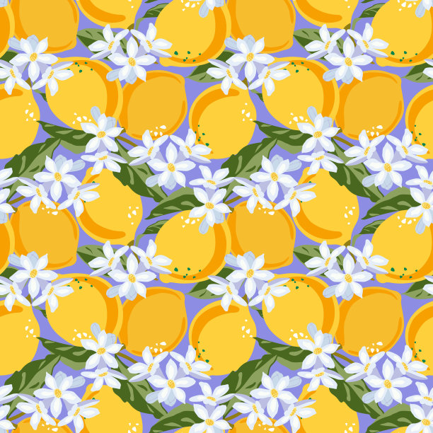 图案有柠檬，花和叶子。美丽的无缝的向量。抽象的纹理。图片下载