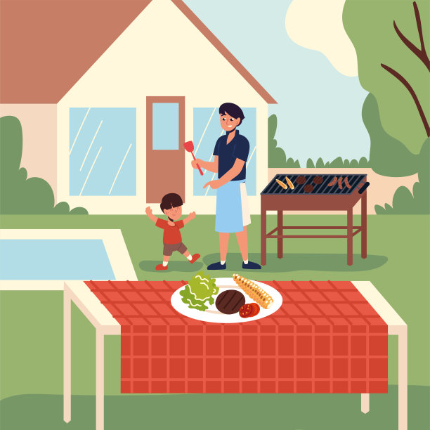 爸爸和儿子在房子的后院图片下载