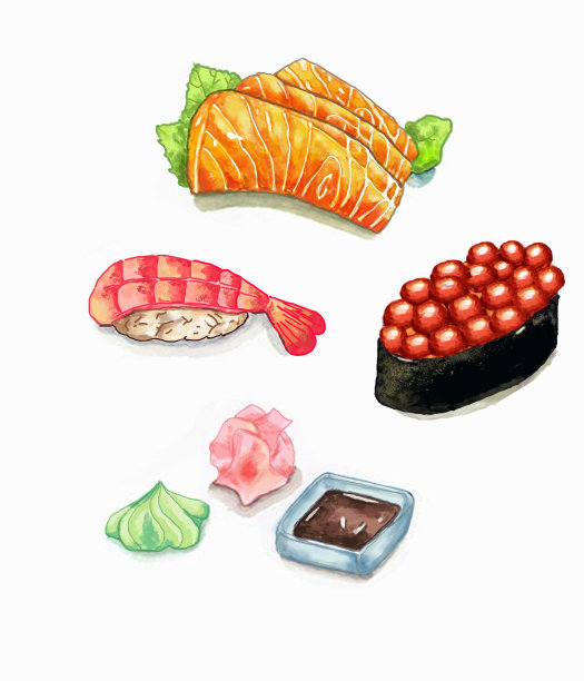 芥末、酱油和姜做的寿司图片下载