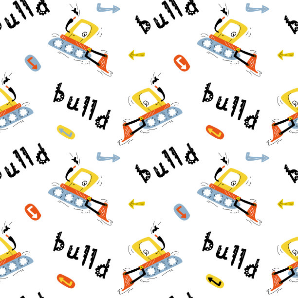 欢快的推土机奔跑着，白色背景上色彩斑斓的无缝图案。图片下载