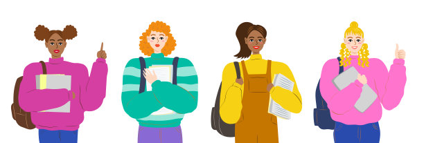 持书的多种族学生或年轻女性群体，孤立在白色背景下。快乐的少女穿着时尚的衣服，穿着单调的卡通风格图片下载