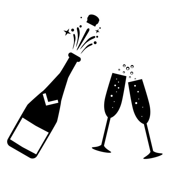 香槟酒瓶和玻璃杯图标。香槟的迹象。一杯香槟的象征。庆祝活动的概念。平的风格。图片下载
