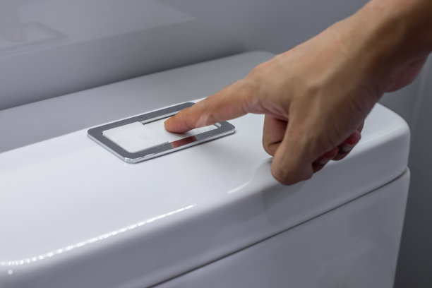 在浴室用手按压和冲水。室内清洁、生活方式和个人卫生观念图片下载