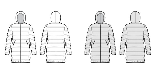 羽绒服外套技术时尚插图与长袖，帽衫领，口袋，超大，臀部长度图片下载