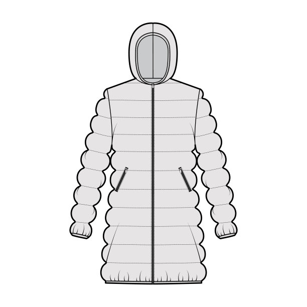 连帽夹克羽绒服外套技术时尚插图拉链关闭，大腿长度，经典绗缝图片下载