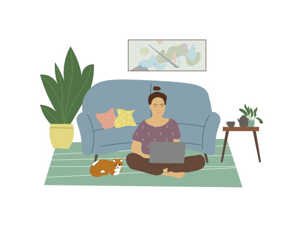 可爱的年轻女人坐在地板上拿着笔记本电脑图片下载