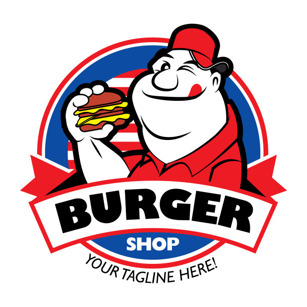 卡通饥饿的胖子戴着红帽子拿着汉堡图片下载