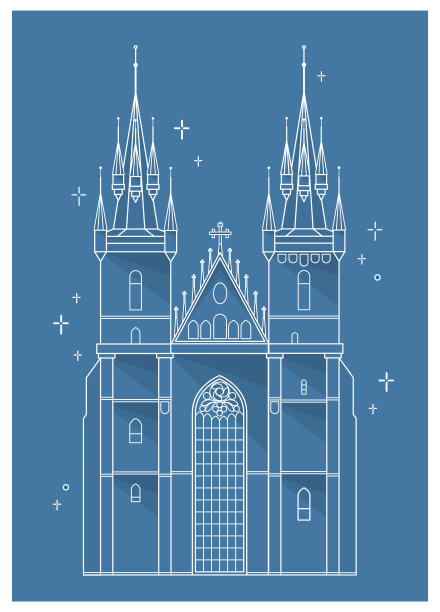 布拉格泰恩大教堂。白色线性的捷克老城哥特式建筑，蓝色背景。欧洲中世纪城堡建筑矢量插图。具有历史意义的旅游胜地。图片下载