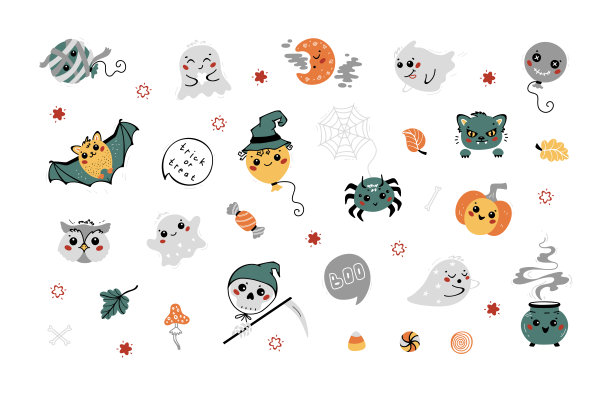可爱的万圣节图标向量集。卡哇伊万圣节人物:鬼魂，气球，动物，南瓜，骷髅等。儿童趣味收藏。图片下载