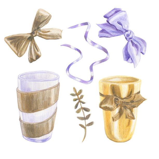 用蝴蝶结、丝带、玻璃和花瓶装饰。用彩色铅笔制作的。手绘。图片下载