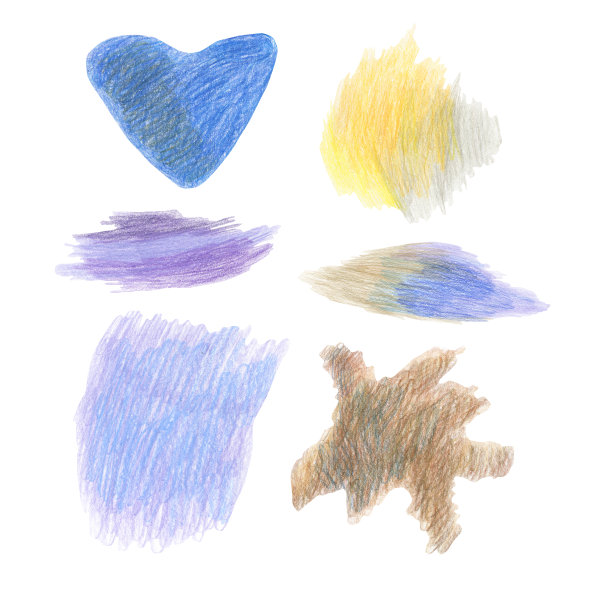 收集手绘彩色铅笔污渍。带有蓝色、紫色和黄色的抽象斑点。图片下载