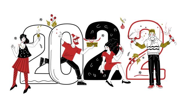 2022年新年人物和朋友或同事庆祝圣诞节的人，涂鸦。图片下载
