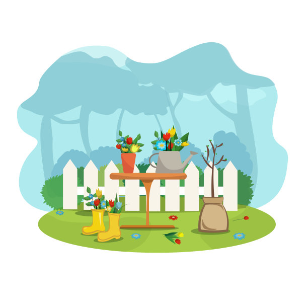 花园白色木栅栏园艺花在桶花在浇水罐桌上图片下载