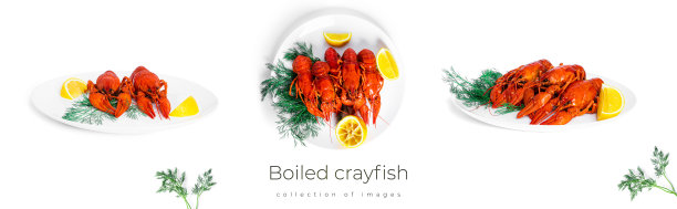 白底色的黑盘子上，配上小茴香和柠檬的水煮小龙虾图片下载
