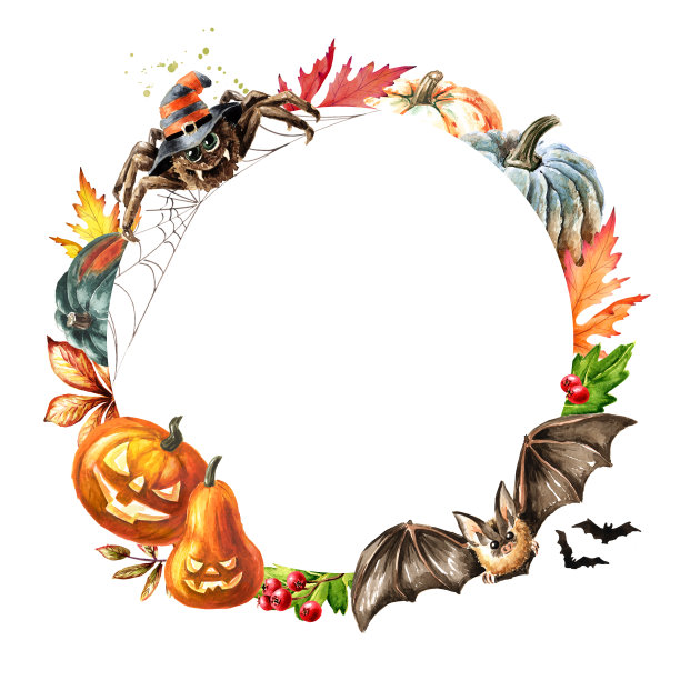 万圣节圆框，节日概念。手绘水彩插图，孤立在白色背景图片下载