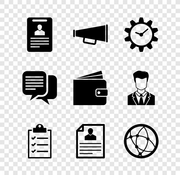 设置识别徽章，扩音器，时间管理，剪贴板与清单，简历和社交网络图标。向量图片下载