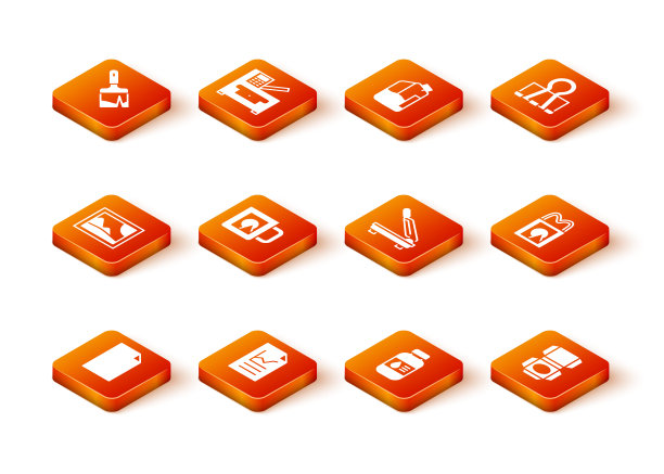 设置空文件，文件与图形图表，图片景观，咖啡杯，打印机墨水瓶，切纸机，纸箱纸箱和购物袋图标。向量图片下载