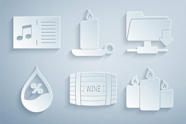 设置木桶酒，FTP文件夹下载，水滴百分比，燃烧的蜡烛，烛台和音乐书与笔记图标。向量图片下载