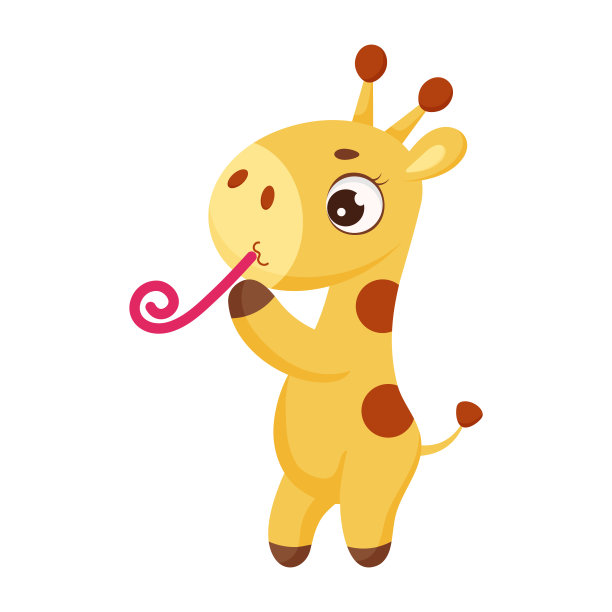 可爱的小长颈鹿拿着烟斗站着。有趣的卡通人物印刷，贺卡，婴儿淋浴，邀请，墙纸，家庭装饰。明亮的颜色幼稚股票矢量插图。图片下载