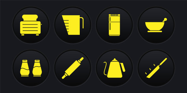 设置盐和胡椒，研钵杵，擀面杖，带把手的水壶，冰箱，量杯，煎锅和烤面包机祝酒图标。向量图片下载