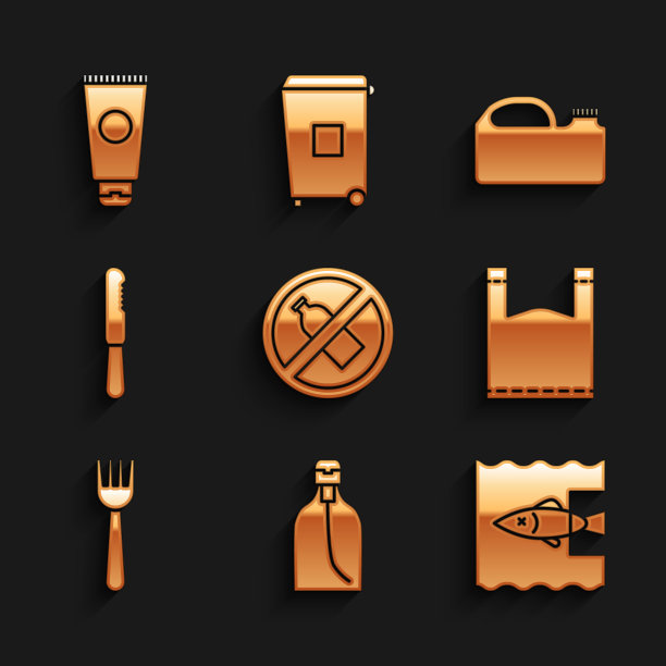 设置无塑料瓶，液体肥皂瓶，停止海洋污染，塑料袋，一次性叉子，刀，筒机器油和奶油化妆品管图标。向量图片下载