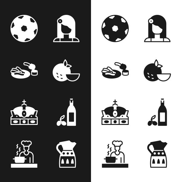 设置橘子水果，油条和巧克力，足球，西班牙女人，西班牙皇冠，瓶橄榄油，桑格利亚汽缸和厨师图标。向量图片下载